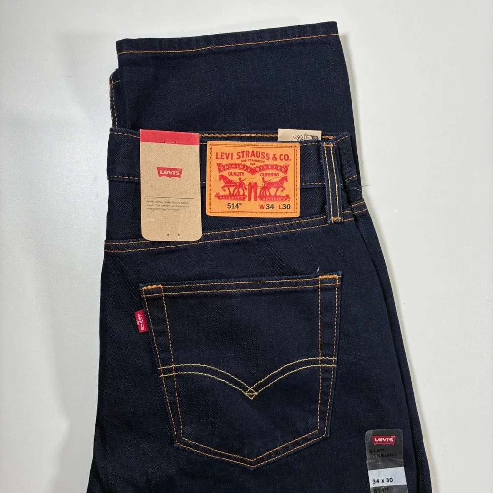NEW Levis 514 Slim Straight Jeans 34x30 Dark Indigo Blue Denim USA Cowboy